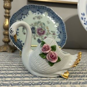Vintage Porcelain Rose Swan Figurine Stamped